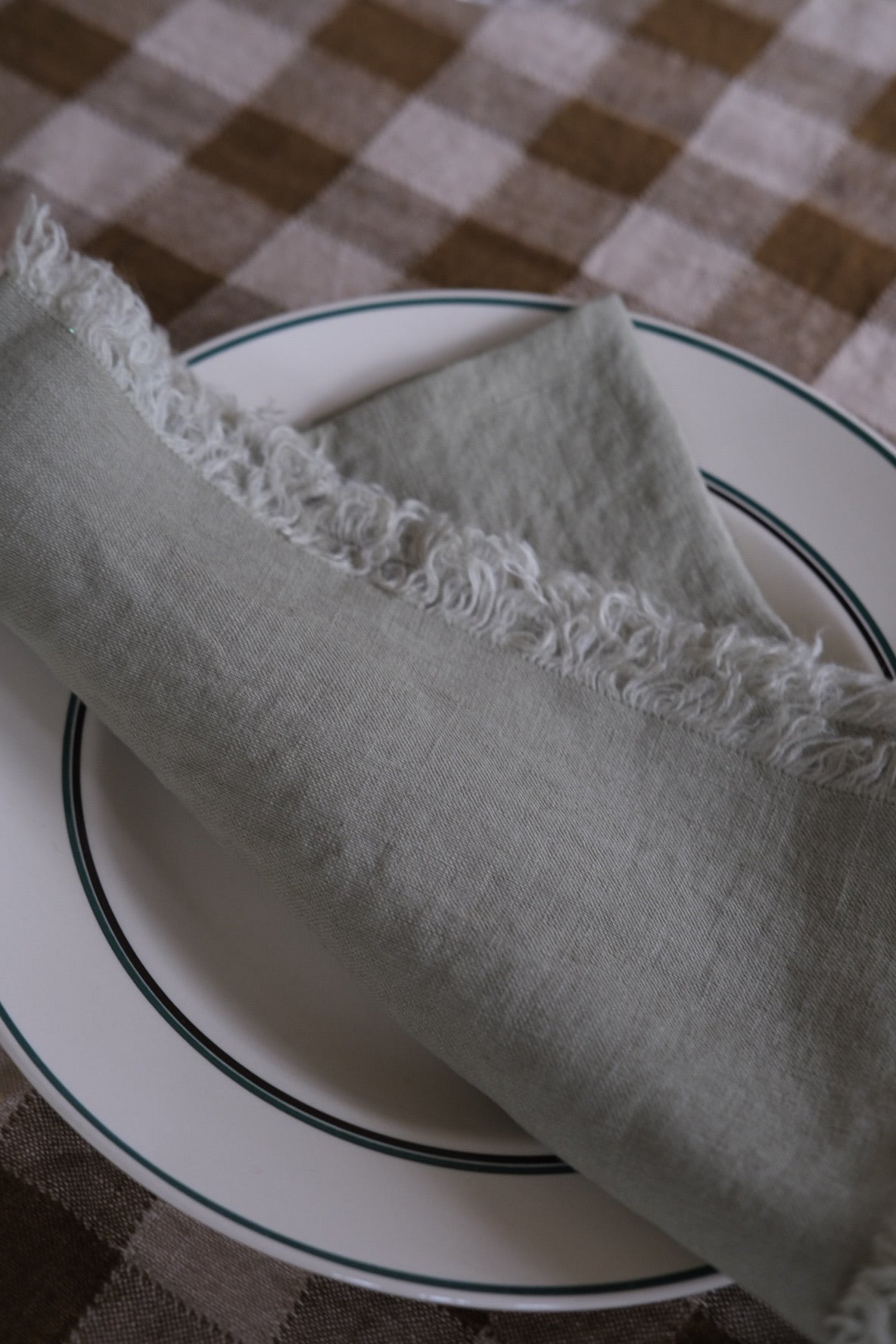 Napkin • Linen • Vichy Bleu • Blue Check with Fringes